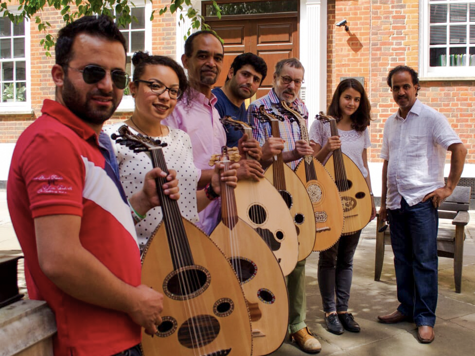 Students of Taqasim School with their ouds outside the London studio.